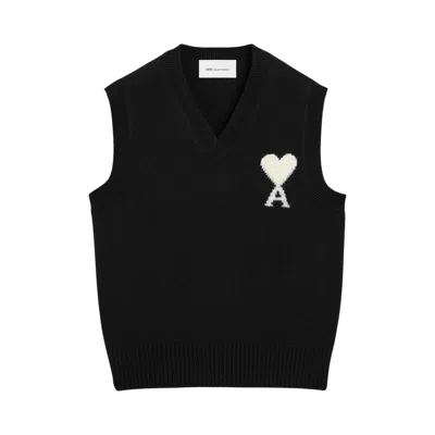 Pre-owned Ami Alexandre Mattiussi Ami Black Sleeveless Wool Sweater With De Coeur 'black/off White' | Men's Size M