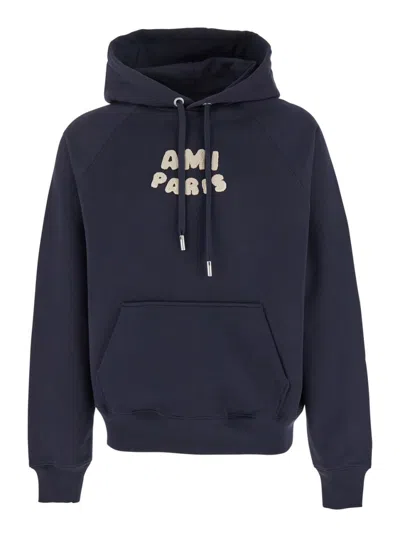 Ami Alexandre Mattiussi Ami Boxy Hoodie With Textured Lettering And Spacious Hood In Blue