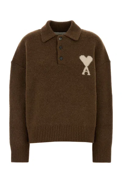 Ami Alexandre Mattiussi Ami Brown Stretch Alpaca Blend Polo Shirt
