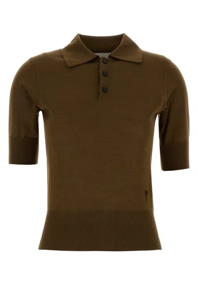 Ami Alexandre Mattiussi Wool Blend Polo Shirt With Ribbed Cuffs And Hem In Brown