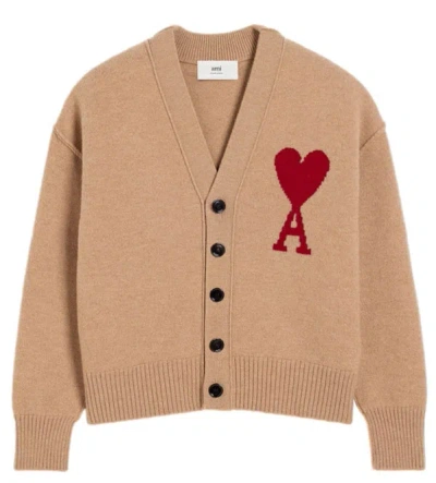 Ami Alexandre Mattiussi Ami Paris Red Adc Cardigan In Camel