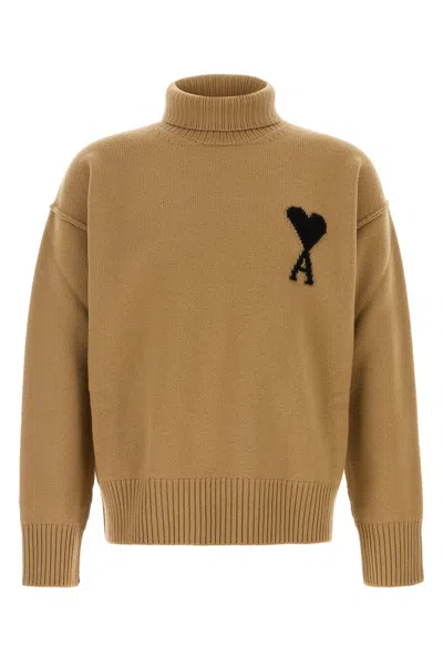 Ami Alexandre Mattiussi Wool Turtleneck Sweater With Ribbed Cuffs And Hem In Brown