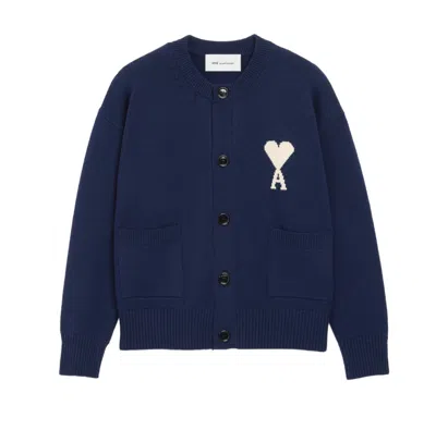 Ami Alexandre Mattiussi Ami Cardigan Col Rond Avec Ami De Coeur Contraste In Blue