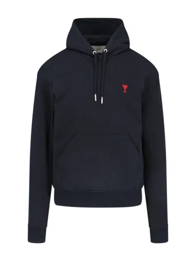 Ami Alexandre Mattiussi Ami Cotton Hoodie With Drawstring Hood And Red Logo Embroidery In Blue