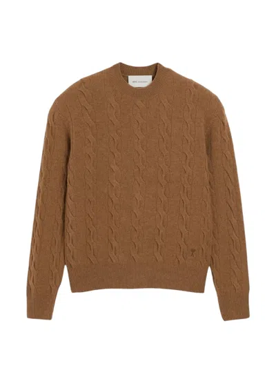 Ami Alexandre Mattiussi Classic Cable Knit Sweater With Crew Neckline And Ribbed Details In Brown