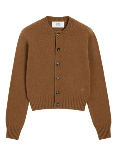 AMI ALEXANDRE MATTIUSSI AMI CROPPED BROWN WOOL CARDIGAN WITH CREW NECK AND AMI DE COEUR EMBROIDERY