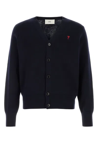 Ami Alexandre Mattiussi Ami Paris Men Blue Cardigan With V Neck And Adc Embroidery On The Front In Wool Blend Man