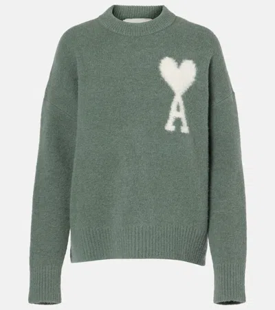 Ami Alexandre Mattiussi Ami Paris Ami De Coeur Logo Detailed Knitted Jumper In Green