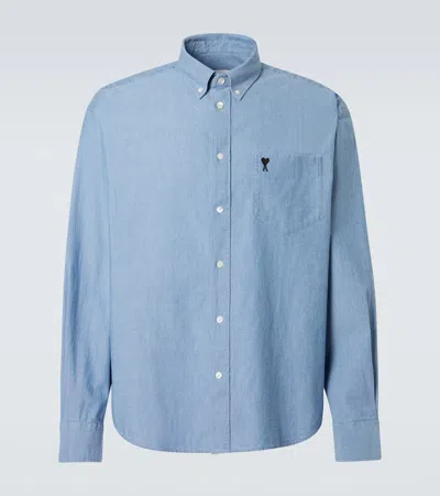 Ami Alexandre Mattiussi Blue Cotton Boxy Embroidered Ami De Coeur Shirt White