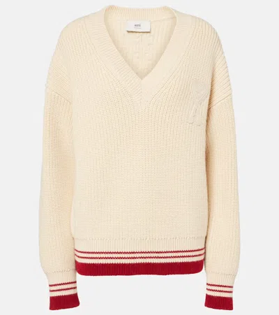 Ami Alexandre Mattiussi Ami De Caur Ribbed-knit Virgin Wool Sweater In White