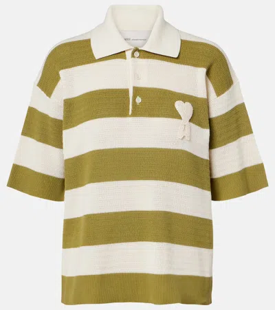 Ami Alexandre Mattiussi Ami Paris Ami De Coeur Striped Cotton Knit Polo Shirt In Brown