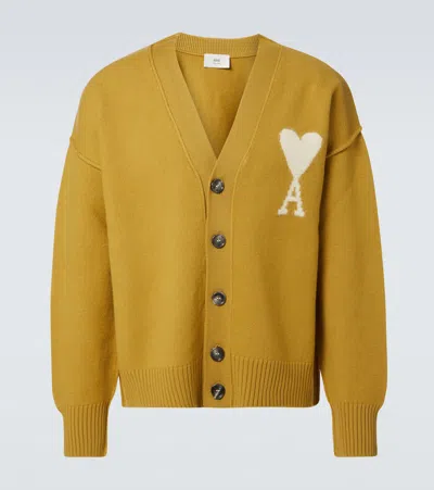 Ami Alexandre Mattiussi Logo-intarsia Alpaca-blend Cardigan In Yellow
