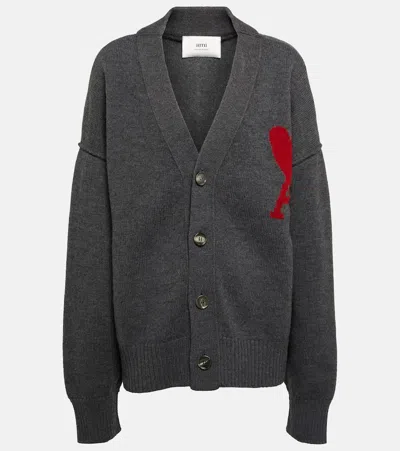 Ami Alexandre Mattiussi Ami De Caur Wool Cardigan In Heather Grey/red/084