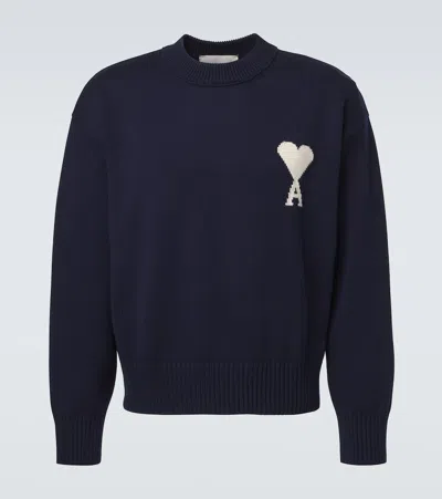 Ami Alexandre Mattiussi Ami Paris Men Blue Crewneck Sweater With Dropped Shoulders And Adc Embroidery On The Front In Wool M In Black