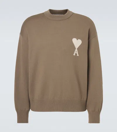 Ami Alexandre Mattiussi Beige Wool And Cotton Crewneck Ami De Coeur Sweater Beige In Brown