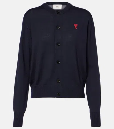 Ami Alexandre Mattiussi Ami De Caur Wool Cardigan In Night Blue/430