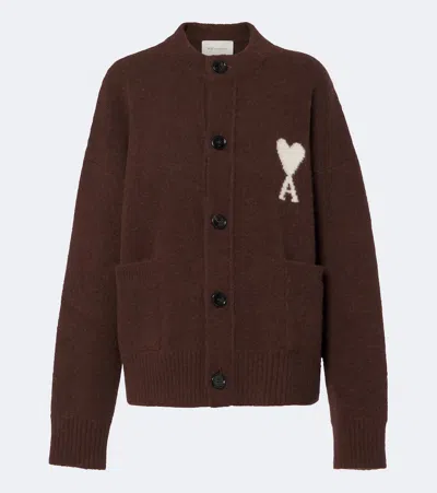 Ami Alexandre Mattiussi Ami Paris Relaxed Fit Cardigan In Wool And Alpaca Blend With Jacquard Logo In Brown