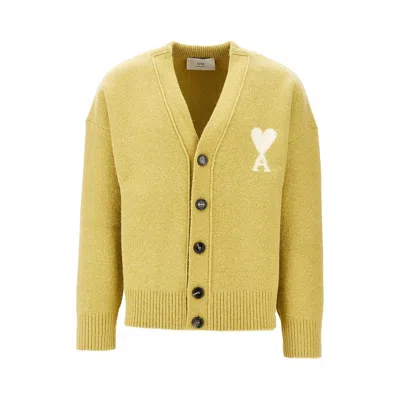 Ami Alexandre Mattiussi Ami Paris Ami De Coeur Alpaca Blend V-neck Cardigan In Yellow
