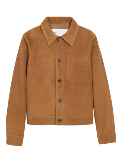 Ami Alexandre Mattiussi Mens Caramel Ami De Coeur Embossed Buttoned Suede Jacket In Gold