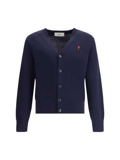 Ami Alexandre Mattiussi Ami Paris Men Blue Cardigan With V Neck And Adc Embroidery On The Front In Wool Blend Man