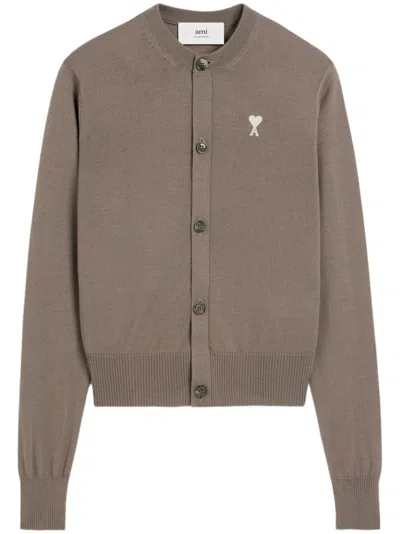 Ami Alexandre Mattiussi Ami Brown Wool Cardigan With Front Button Fastening In Grey