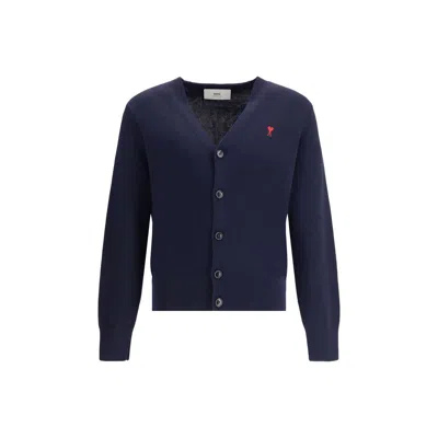 Ami Alexandre Mattiussi Ami Paris Men Blue Cardigan With V Neck And Adc Embroidery On The Front In Wool Blend Man