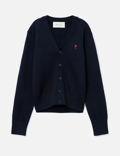 Ami Alexandre Mattiussi Cropped Wool Cardigan With Embroidered Heart Detail In Blue