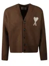 Ami Alexandre Mattiussi Cardigan With Embroidered Detail And Ribbed Cuffs In Brown