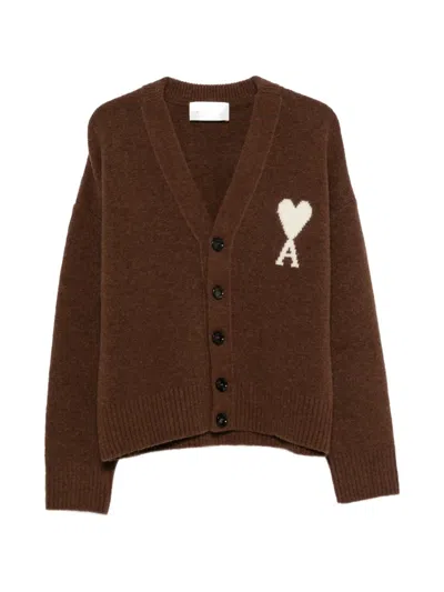Ami Alexandre Mattiussi Ami Paris Alpaca Wool V-neck Cardigan With Jacquard Logo In Brown