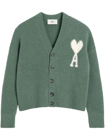 Ami Alexandre Mattiussi Ami De Coeur Logo Intarsia-knit V-neck Cardigan In Green