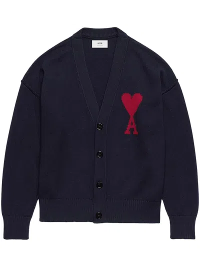 Ami Alexandre Mattiussi Ami De Coeur Cardigan Men Navyl In Wool In Blue