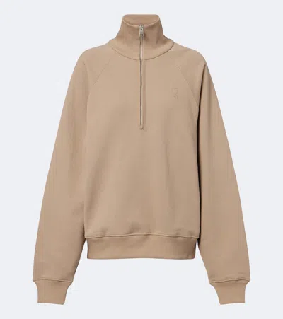 Ami Alexandre Mattiussi Quarter-zip Raglan-sleeve Sweatshirt In Brown