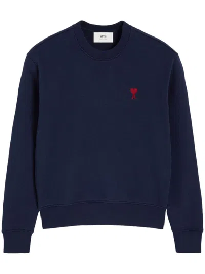 Ami Alexandre Mattiussi Ami Crewneck Sweatshirt With Red Logo Embroidery And Ribbed Finishes In Blue