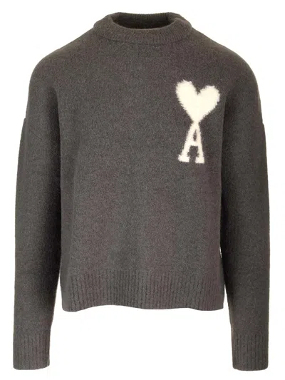 Ami Alexandre Mattiussi Ami De Coeur Crew Neck Sweater In Grey