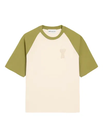Ami Alexandre Mattiussi White And Green Cotton Ami De Coeur Knitted Patch T-shirt White In Neutral