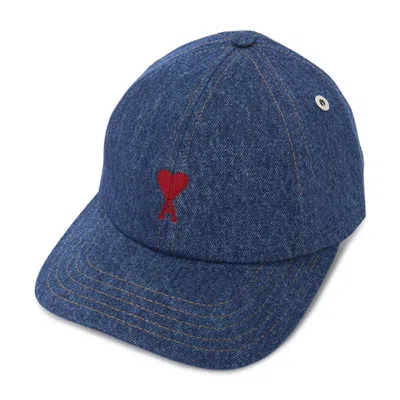 Pre-owned Ami Alexandre Mattiussi Ami De Coeur Denim Embroide Cap In Blue/red