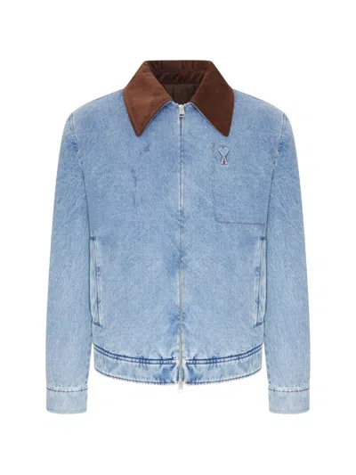 Ami Alexandre Mattiussi Ami Paris Ami De Coeur Corduroy-trimmed Denim Jacket In Blue
