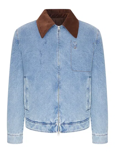 Ami Alexandre Mattiussi Ami De Coeur Denim Jacket With Contrast Collar In Blue