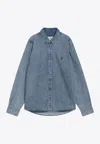 Ami Alexandre Mattiussi Ami Paris Ami De Coeur Embroidered Cotton Denim Button-down Shirt In Blue