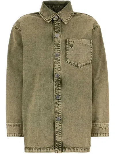 Ami Alexandre Mattiussi Army Green Denim Oversize Shirt In Laurel