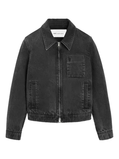 Ami Alexandre Mattiussi Black Cotton Tonal Ami De Coeur Zipped Jacket Grey