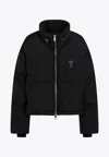 Ami Alexandre Mattiussi Black Down Jacket With Adc Embroidery And Removable Hood In Tech Fabric Woman In Black