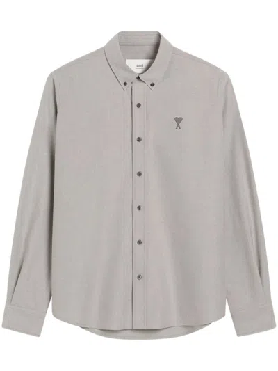 Ami Alexandre Mattiussi Ami De Coeur-embroidered Button-down Shirt In Grey