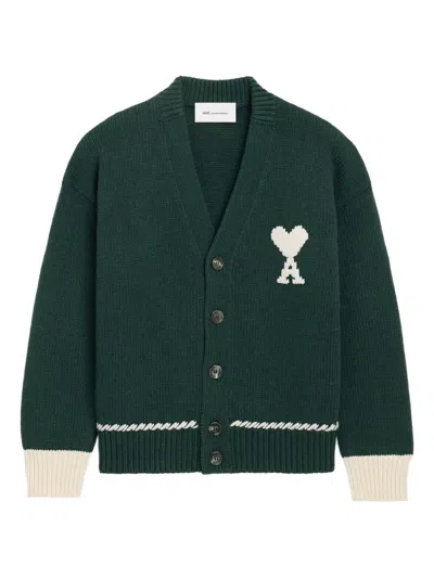 Ami Alexandre Mattiussi Ami De Coeur Embroidered Cardigan In Green
