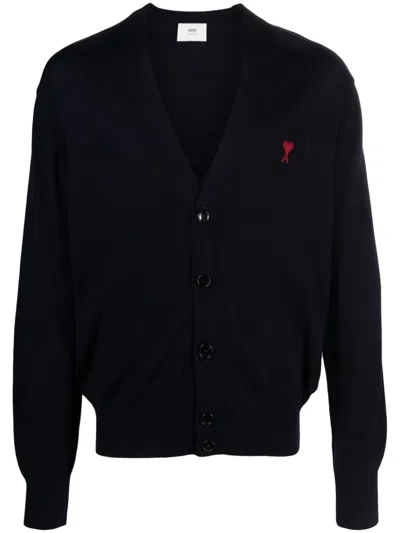 Ami Alexandre Mattiussi Ami De Coeur-embroidered Merino Cardigan In 430 Night Blue