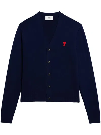 Ami Alexandre Mattiussi Ami Ami De Coeur Logo Embroidered V-neck Knitted Cardigan In Blue