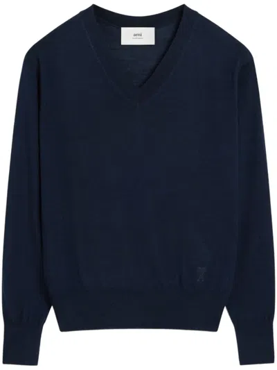 Ami Alexandre Mattiussi Ami Paris Tonal Adc V Neck Sweater In Navy Blue