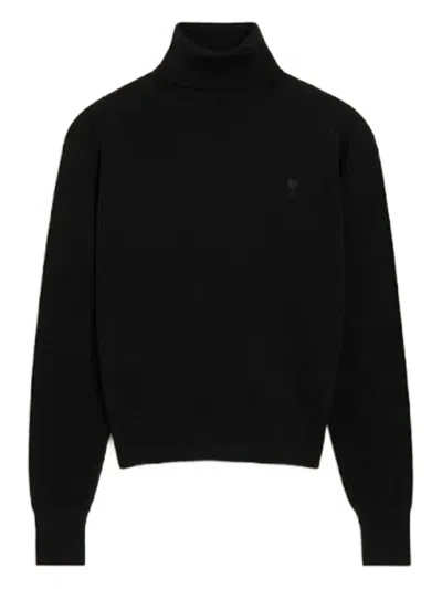 Ami Alexandre Mattiussi Ami De Coeur-embroidered Turtleneck Sweater In Black