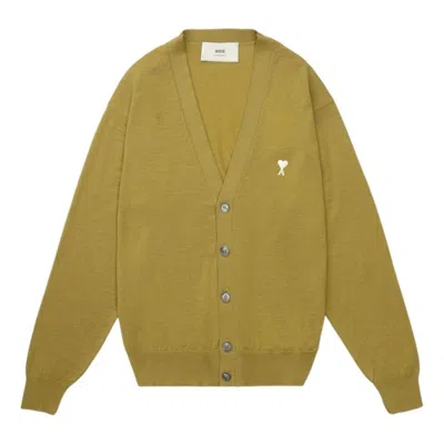 Ami Alexandre Mattiussi Ami De Coeur Embroidery Cardigan 'mustard Off White' In Green