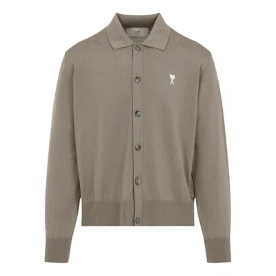 Ami Alexandre Mattiussi Ami De Coeur Embroidery Polo Cardigan 'ash Off White' In Gray